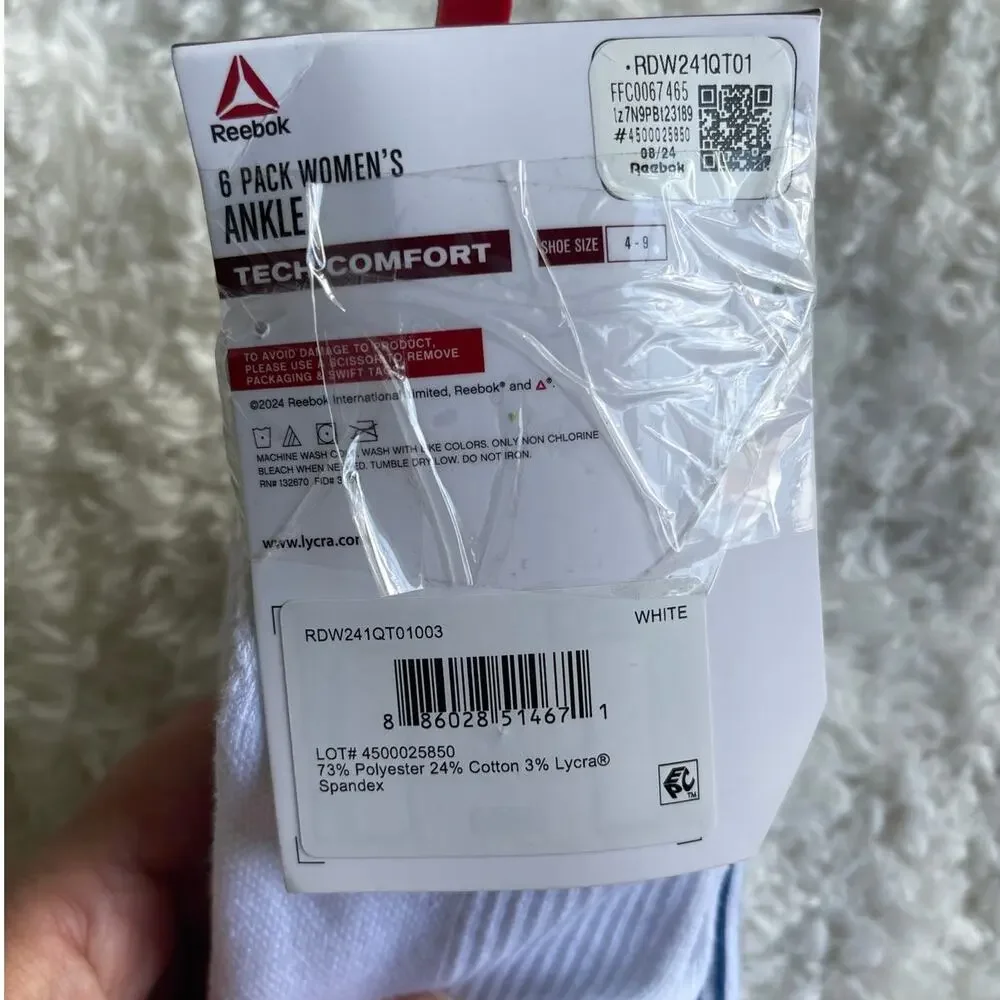 Reebok Target Cushion White Ankle Socks 6 Pairs Shoe Size 4-9 Comfort NEW Womens